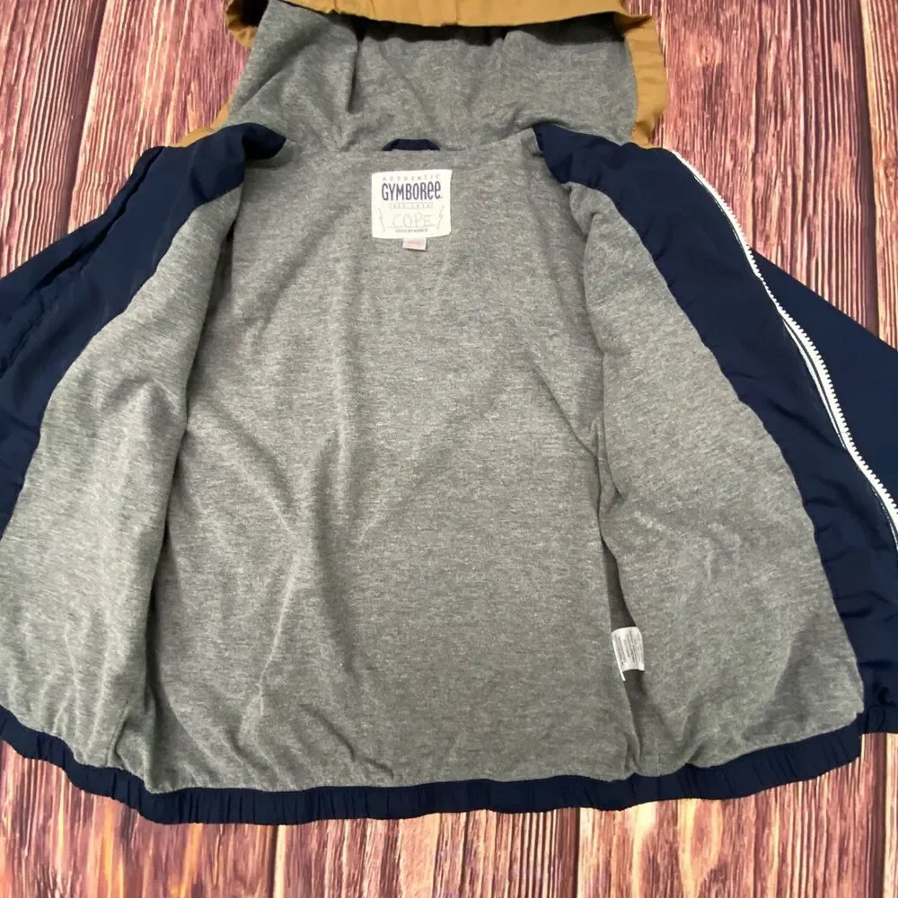 Gymboree Boys Hooded Jacket Lined Coat Tan Navy Size 5-6 Fall Winter Pre-Owned